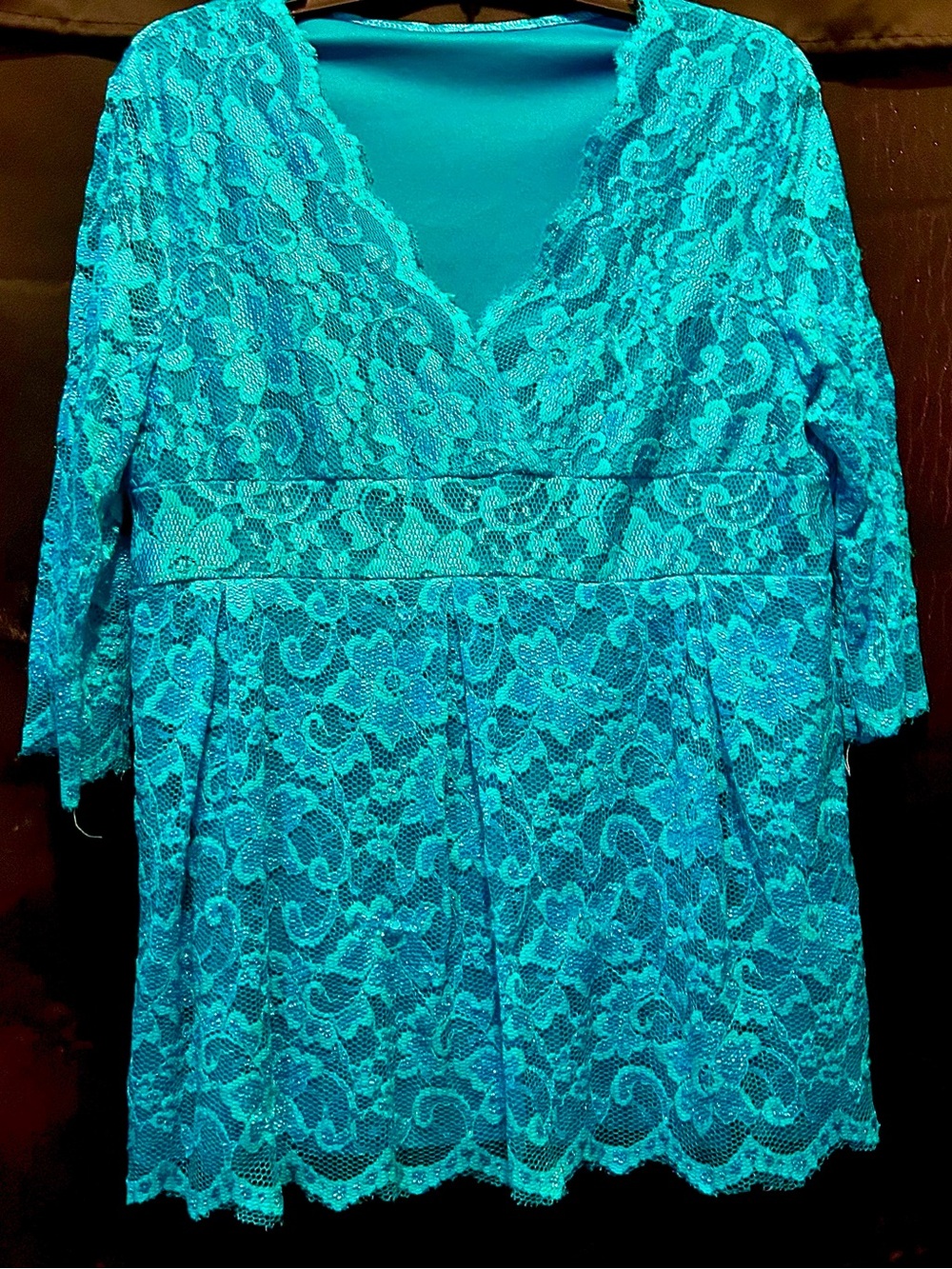 Turquoise Lace V-Neck 3/4 Sleeves Women’s M/L Babydoll Top P2P 21.5
